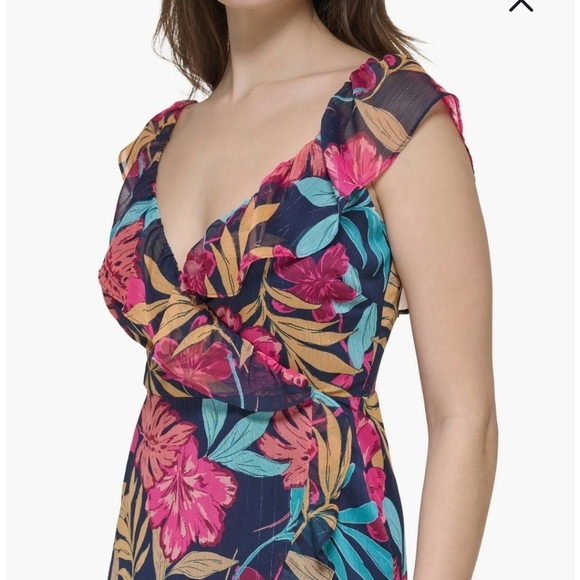 Kenzie Tropical Floral Faux Wrap Dress Sz 14 - Picture 2 of 9
